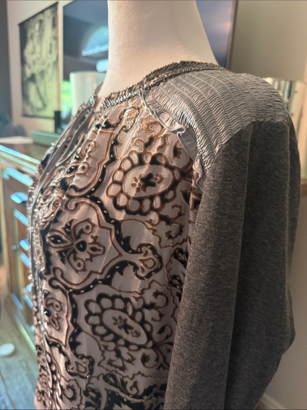 Sundance Hale Bob Gray and Cream Long-Sleeve PrintedBeading Peasant Blouse large - Picture 6 of 9